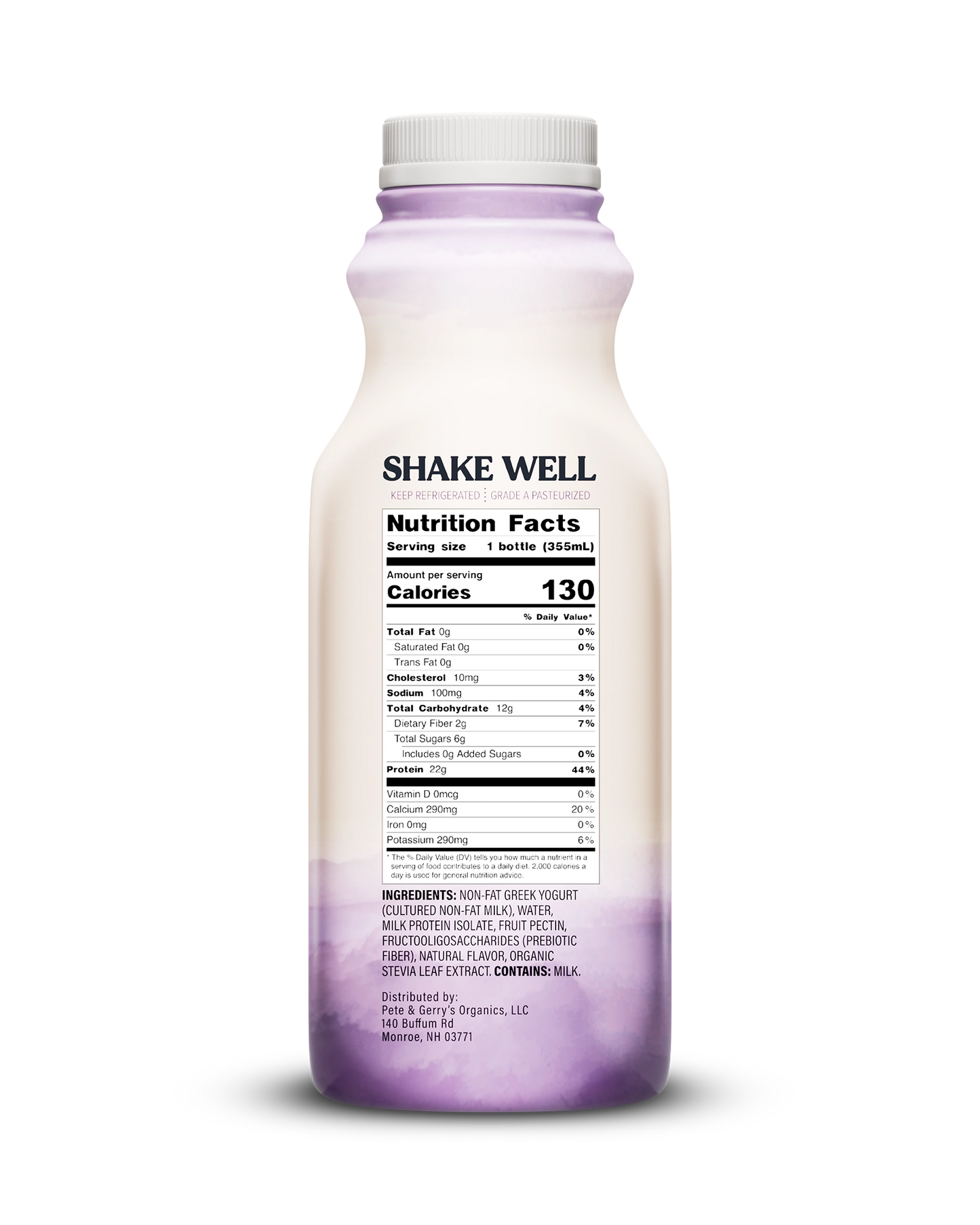 Side view of Pillars Mixed Berry Drinkable Yogurt bottle, label showing the Nutrition Facts panel