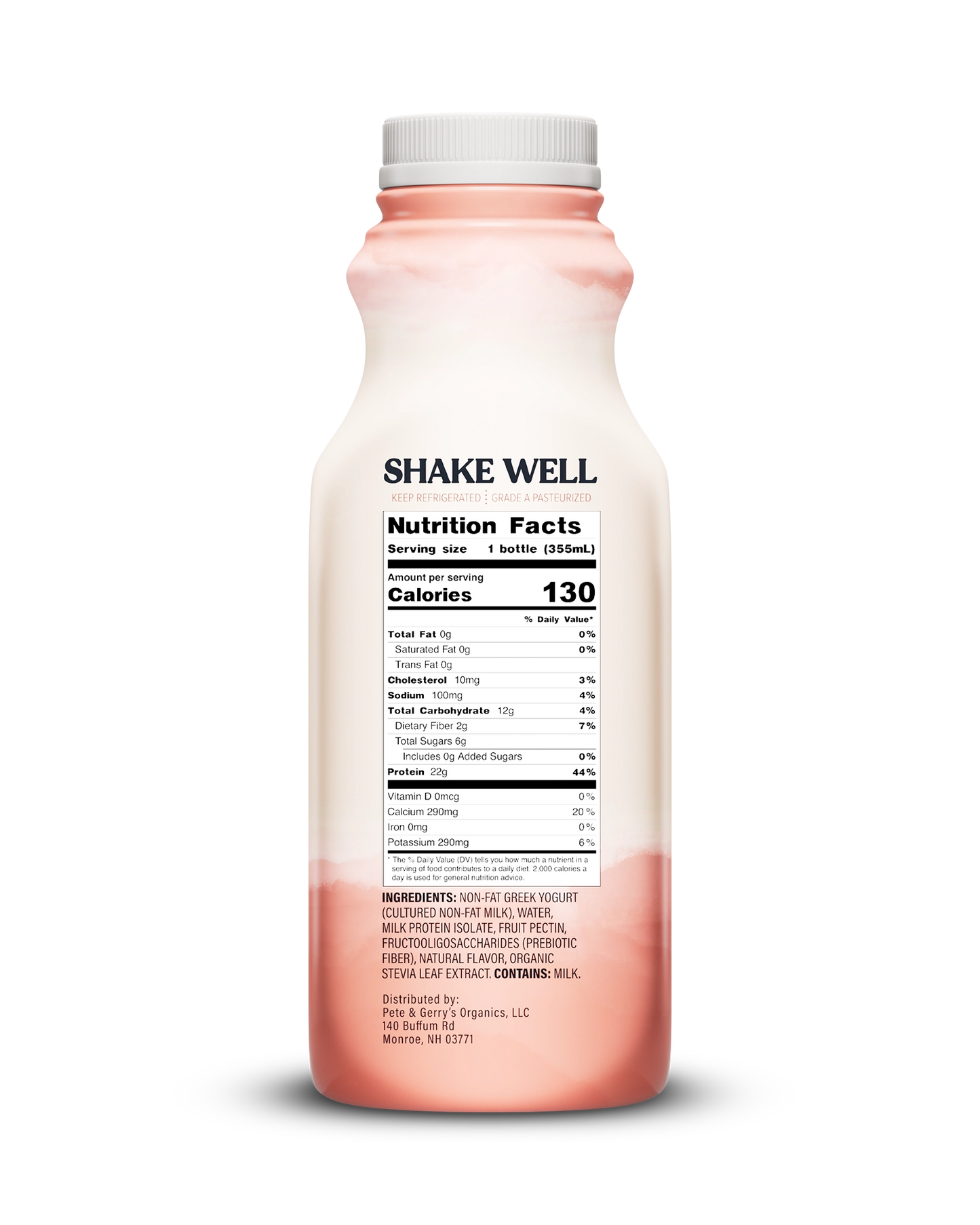 Side view of Pillars Peach Drinkable Yogurt bottle, label showing the Nutrition Facts panel