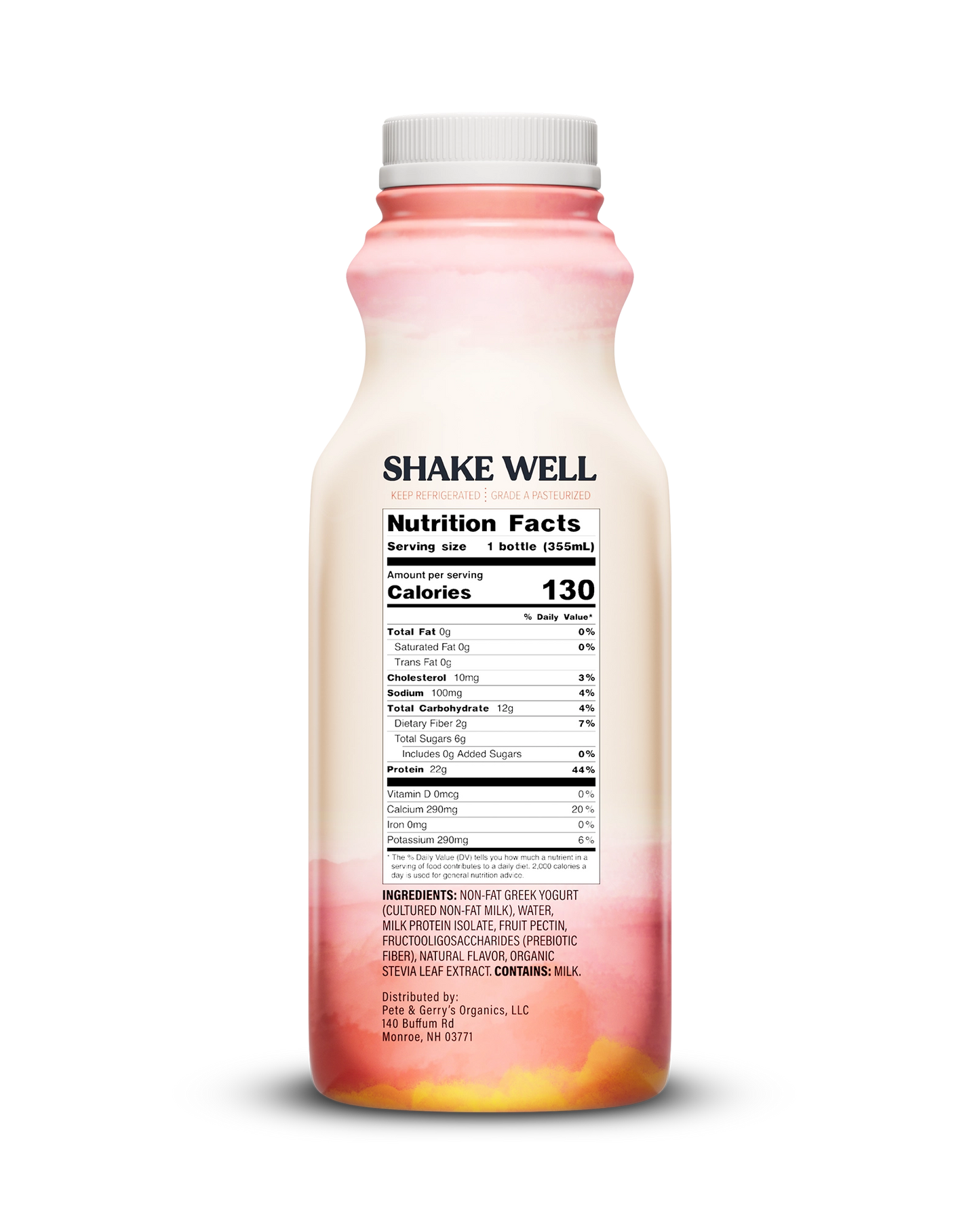 Side view of Pillars Strawberry Banana Drinkable Yogurt bottle, label showing the Nutrition Facts panel