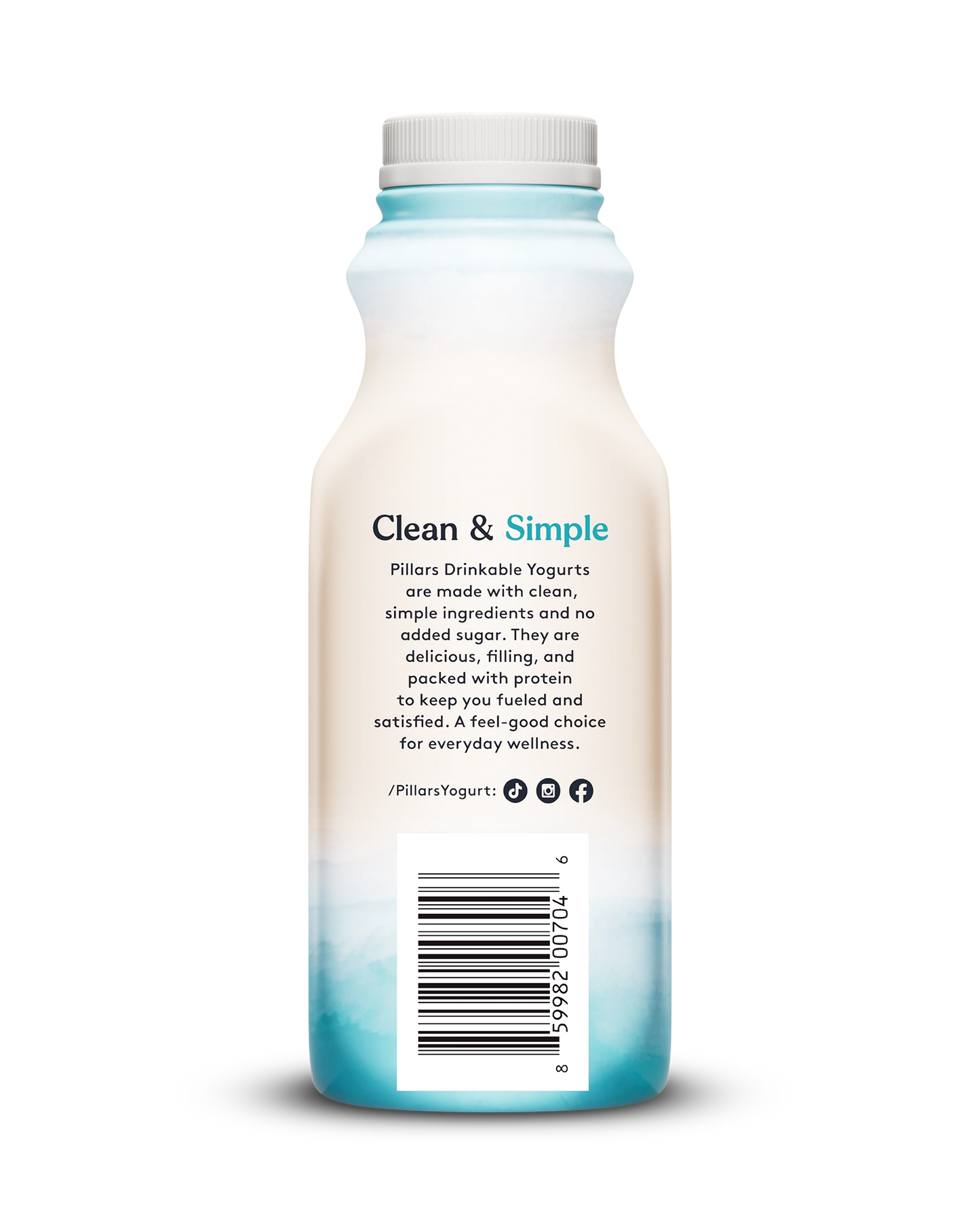 Back view of Pillars Coconut Drinkable Yogurt bottle, label showing 'Clean and Simple' phrase and social media icons