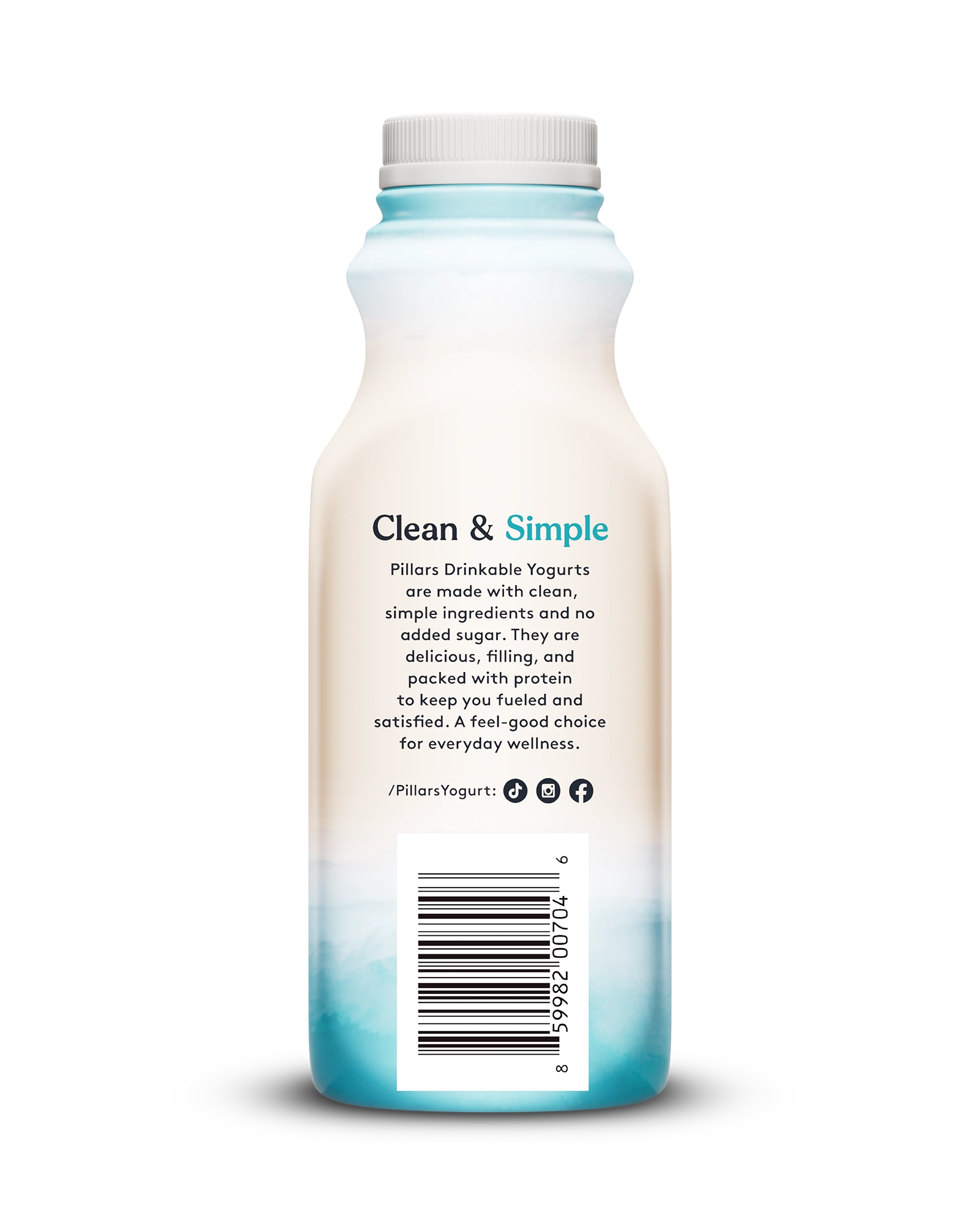 Back view of Pillars Coconut Drinkable Yogurt bottle, label showing 'Clean and Simple' phrase and social media icons