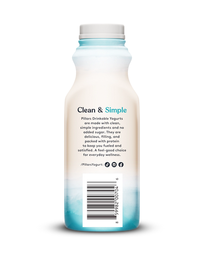 Back view of Pillars Coconut Drinkable Yogurt bottle, label showing 'Clean and Simple' phrase and social media icons