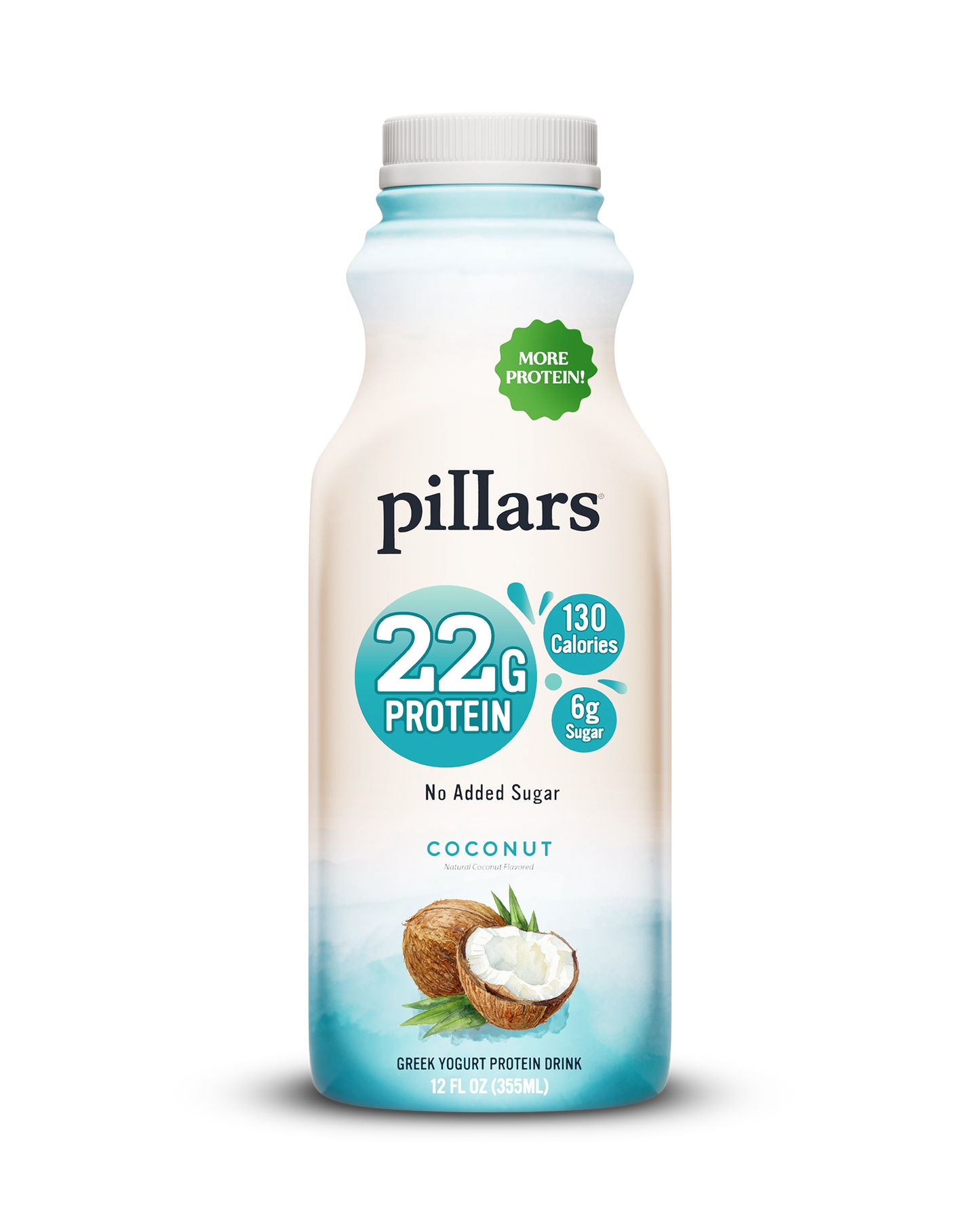 Front view of Pillars Coconut Drinkable Yogurt 12 oz bottle, label showing 22g of protein and 130 calories claims