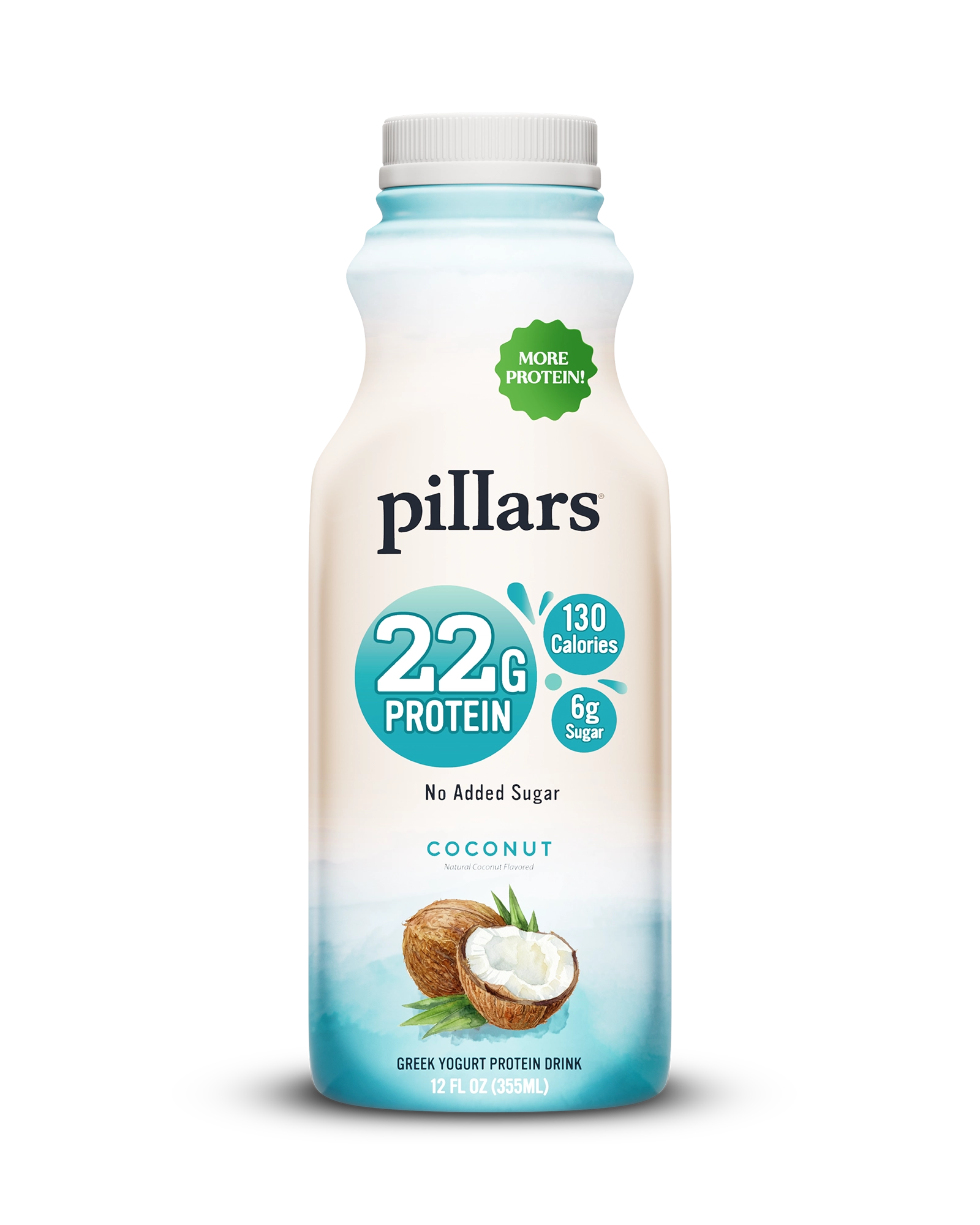 Front view of Pillars Coconut Drinkable Yogurt 12 oz bottle, label showing 22g of protein and 130 calories claims