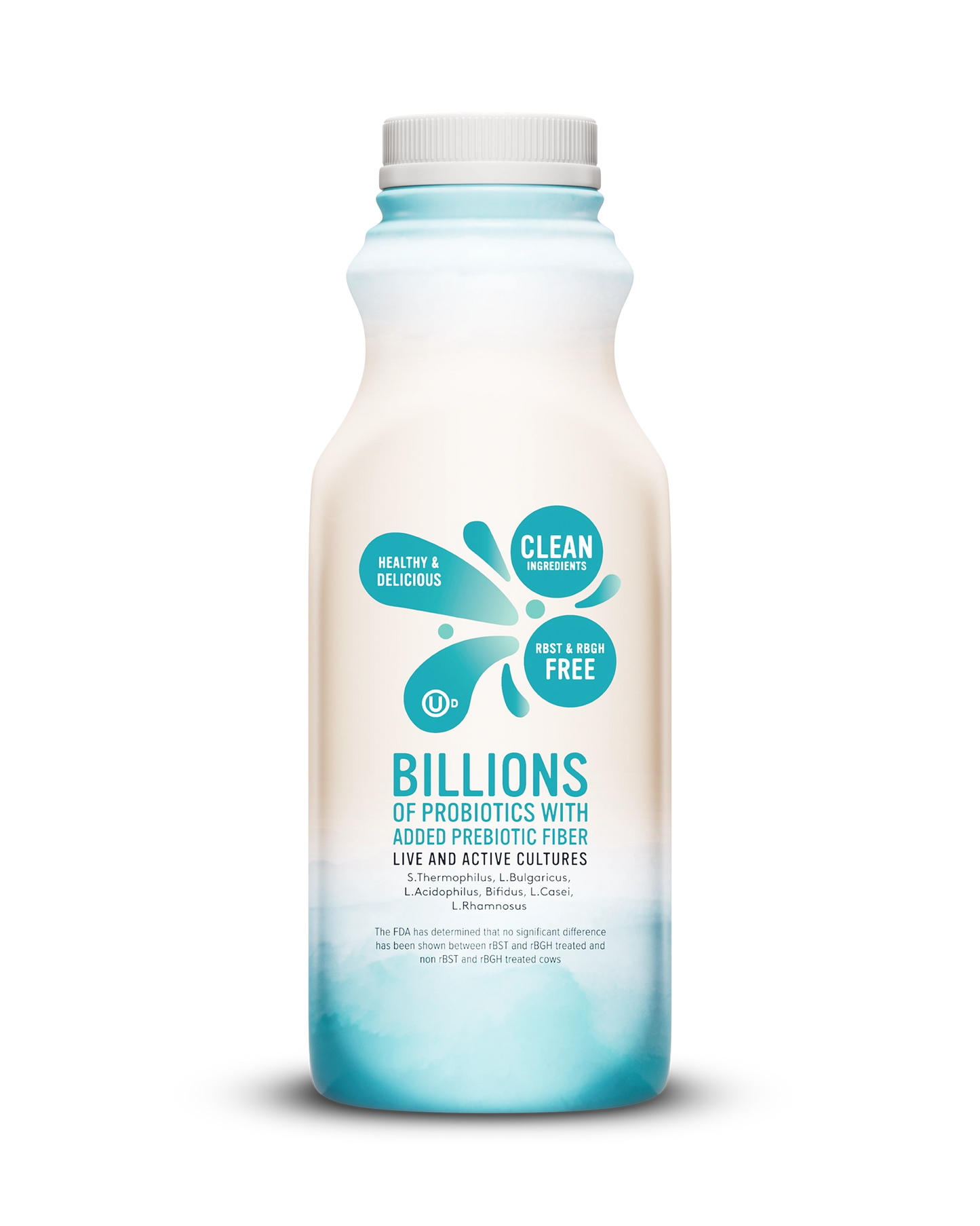 Side view of Pillars Coconut Drinkable Yogurt bottle, label showing live and active cultures claim