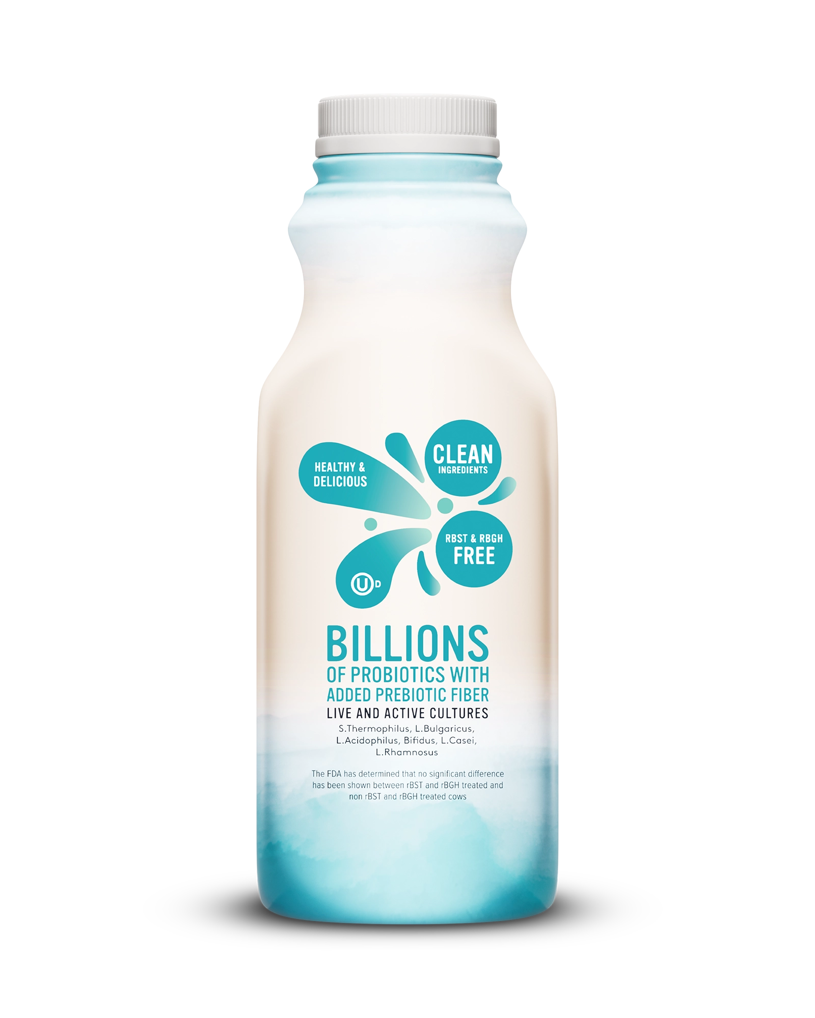 Side view of Pillars Coconut Drinkable Yogurt bottle, label showing live and active cultures claim