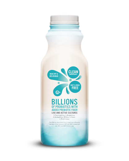 Side view of Pillars Coconut Drinkable Yogurt bottle, label showing live and active cultures claim