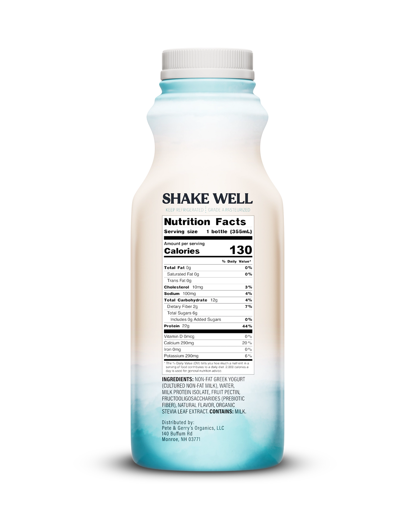 Side view of Pillars Coconut Drinkable Yogurt bottle, label showing the Nutrition Facts panel