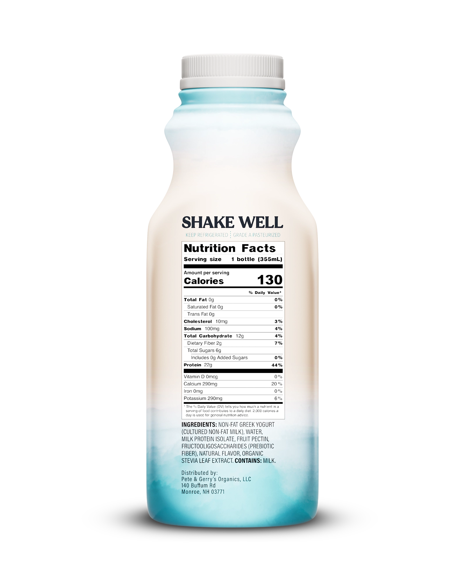 Side view of Pillars Coconut Drinkable Yogurt bottle, label showing the Nutrition Facts panel