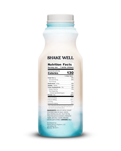Side view of Pillars Coconut Drinkable Yogurt bottle, label showing the Nutrition Facts panel