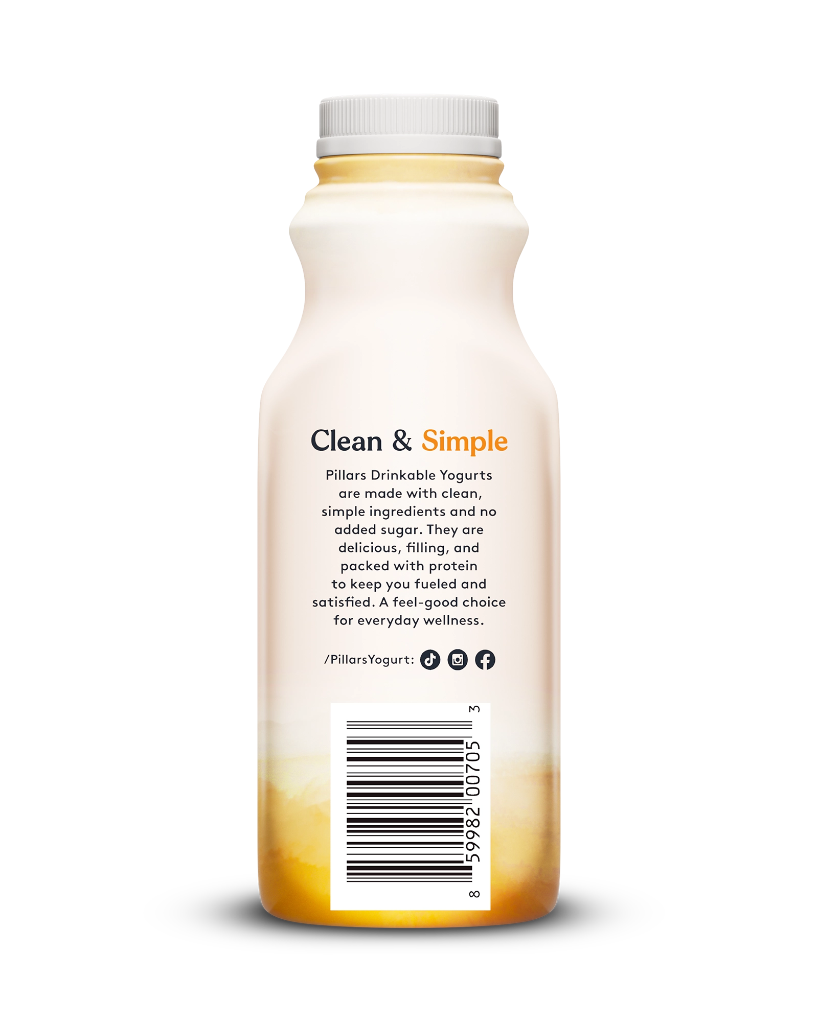 Back view of Pillars Mango Drinkable Yogurt bottle, label showing 'Clean and Simple' phrase and social media icons