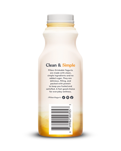 Back view of Pillars Mango Drinkable Yogurt bottle, label showing 'Clean and Simple' phrase and social media icons