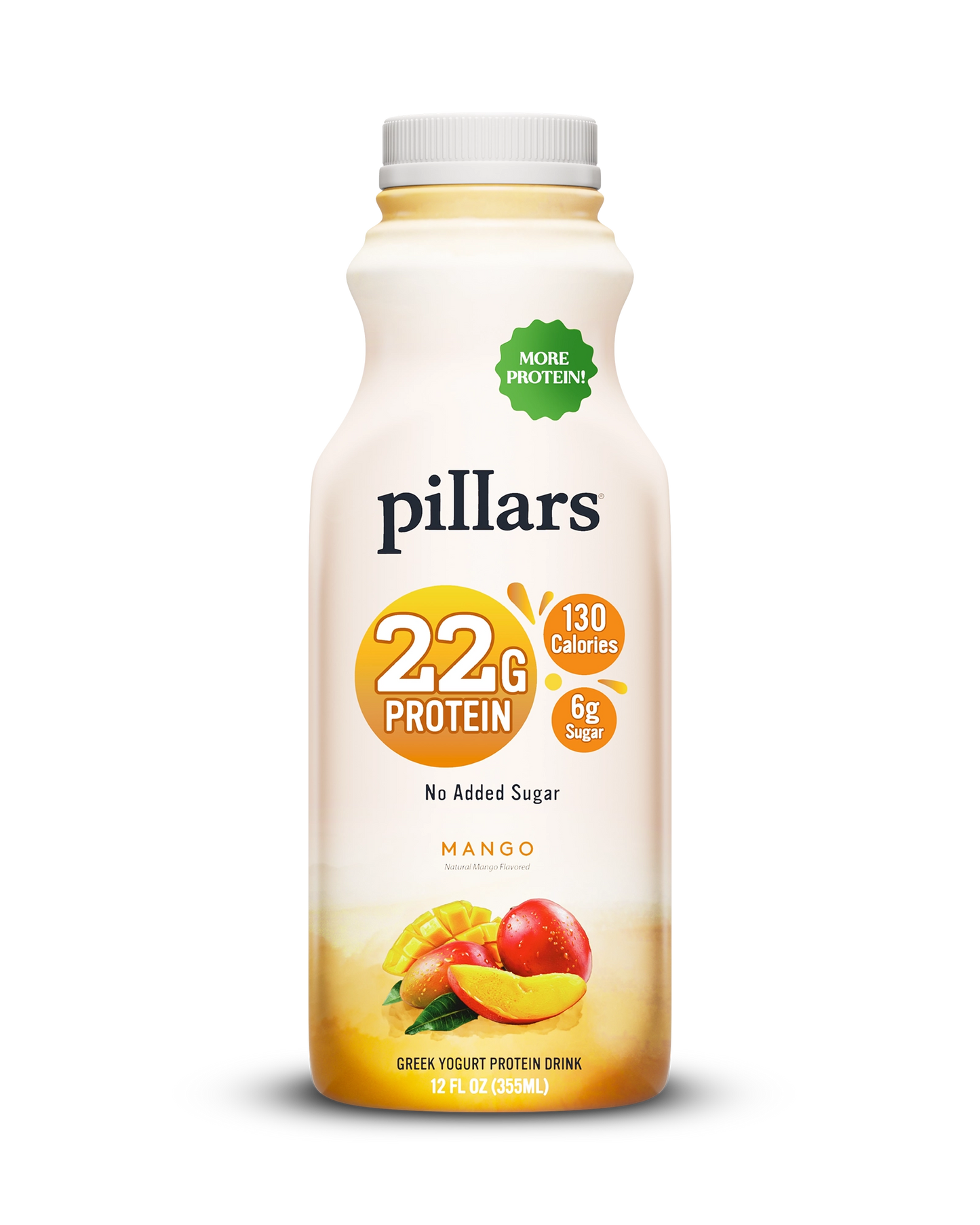 Front view of Pillars Mango Drinkable Yogurt 12 oz bottle, label showing 22g of protein and 130 calories claims