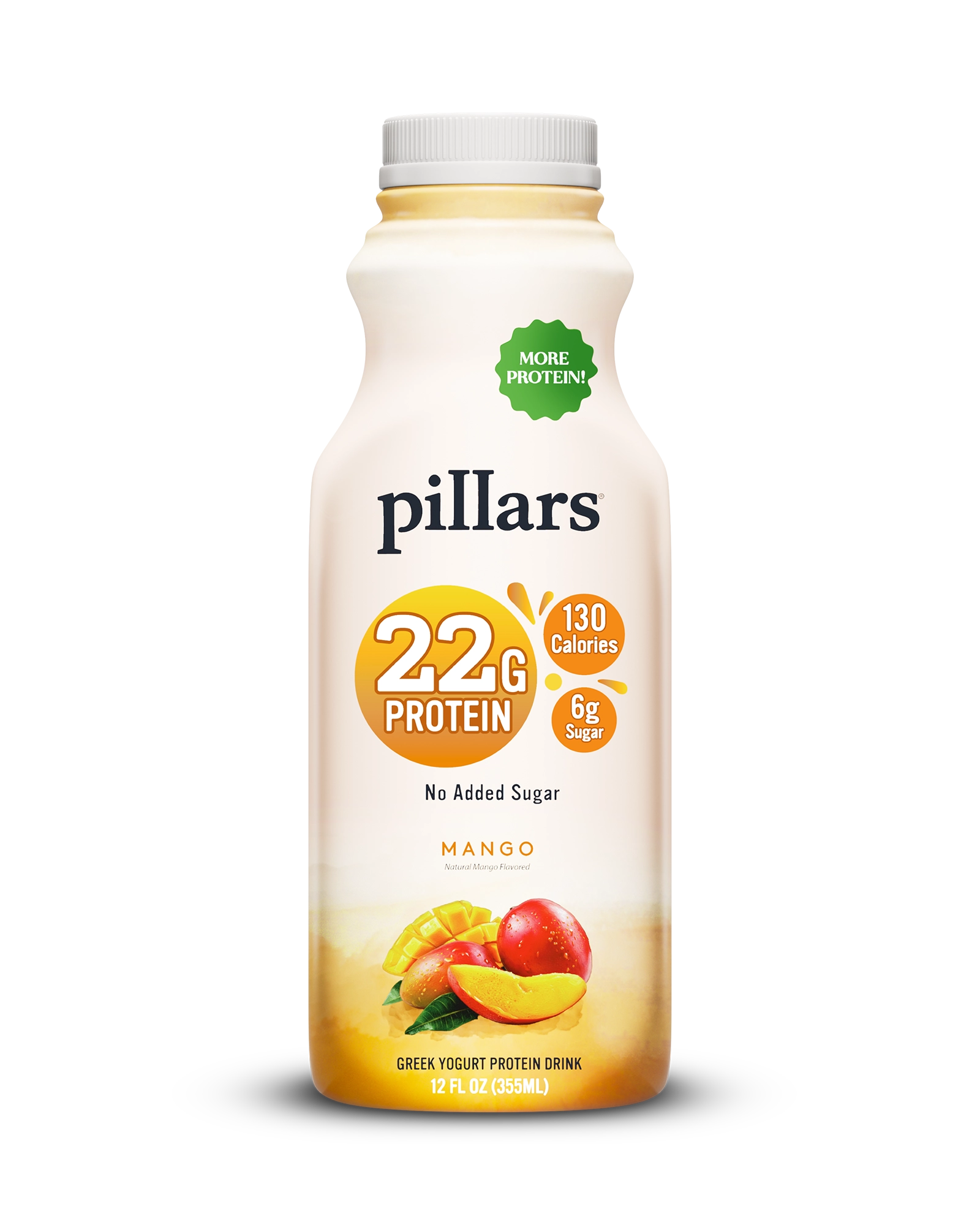 Front view of Pillars Mango Drinkable Yogurt 12 oz bottle, label showing 22g of protein and 130 calories claims