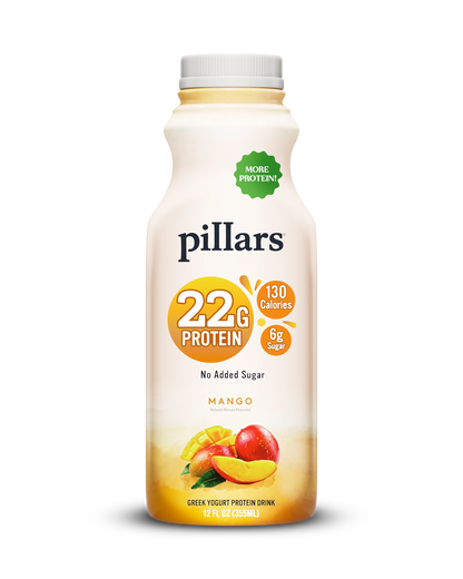 Front view of Pillars Mango Drinkable Yogurt 12 oz bottle, label showing 22g of protein and 130 calories claims