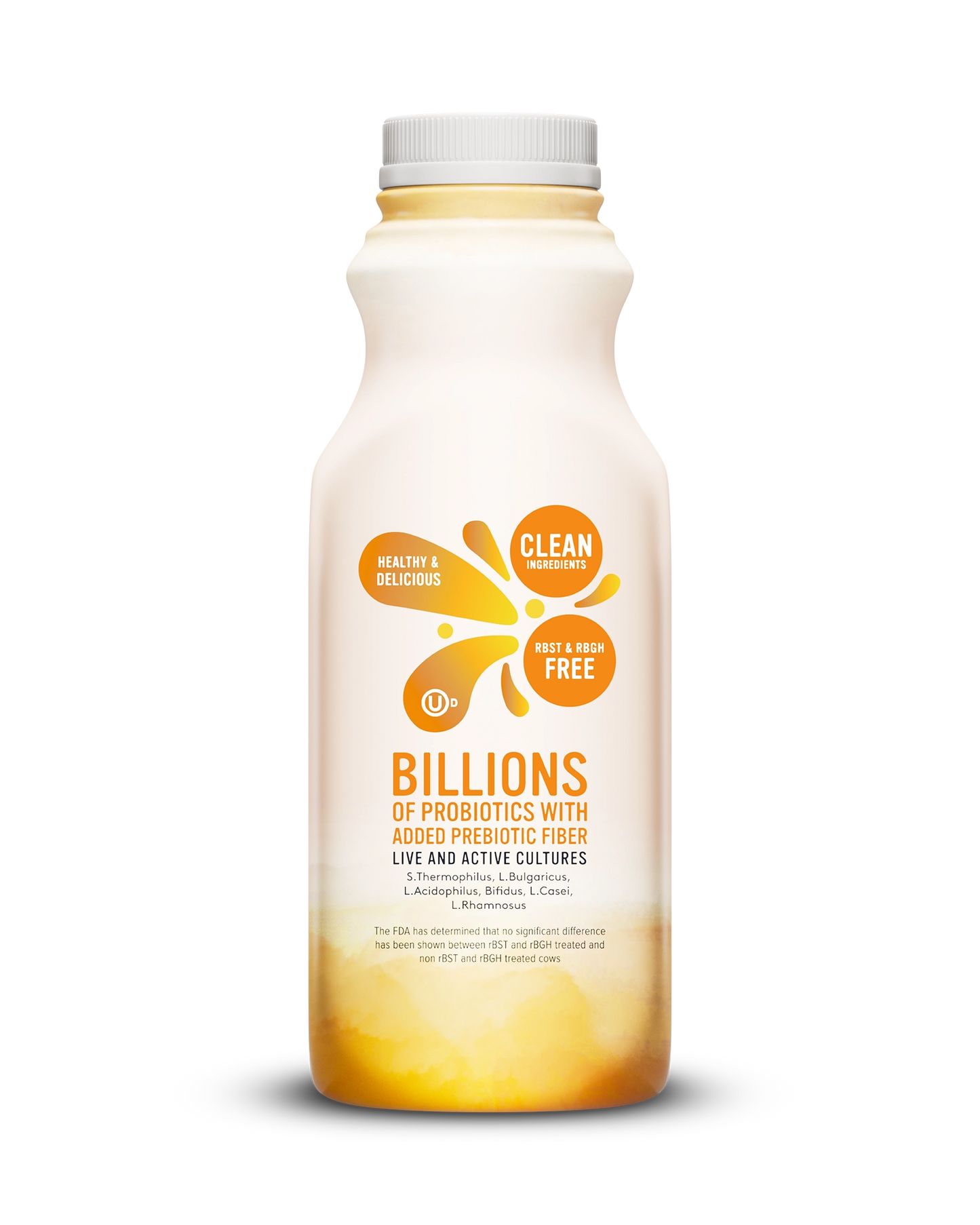 Side view of Pillars Mango Drinkable Yogurt bottle, label showing live and active cultures claim