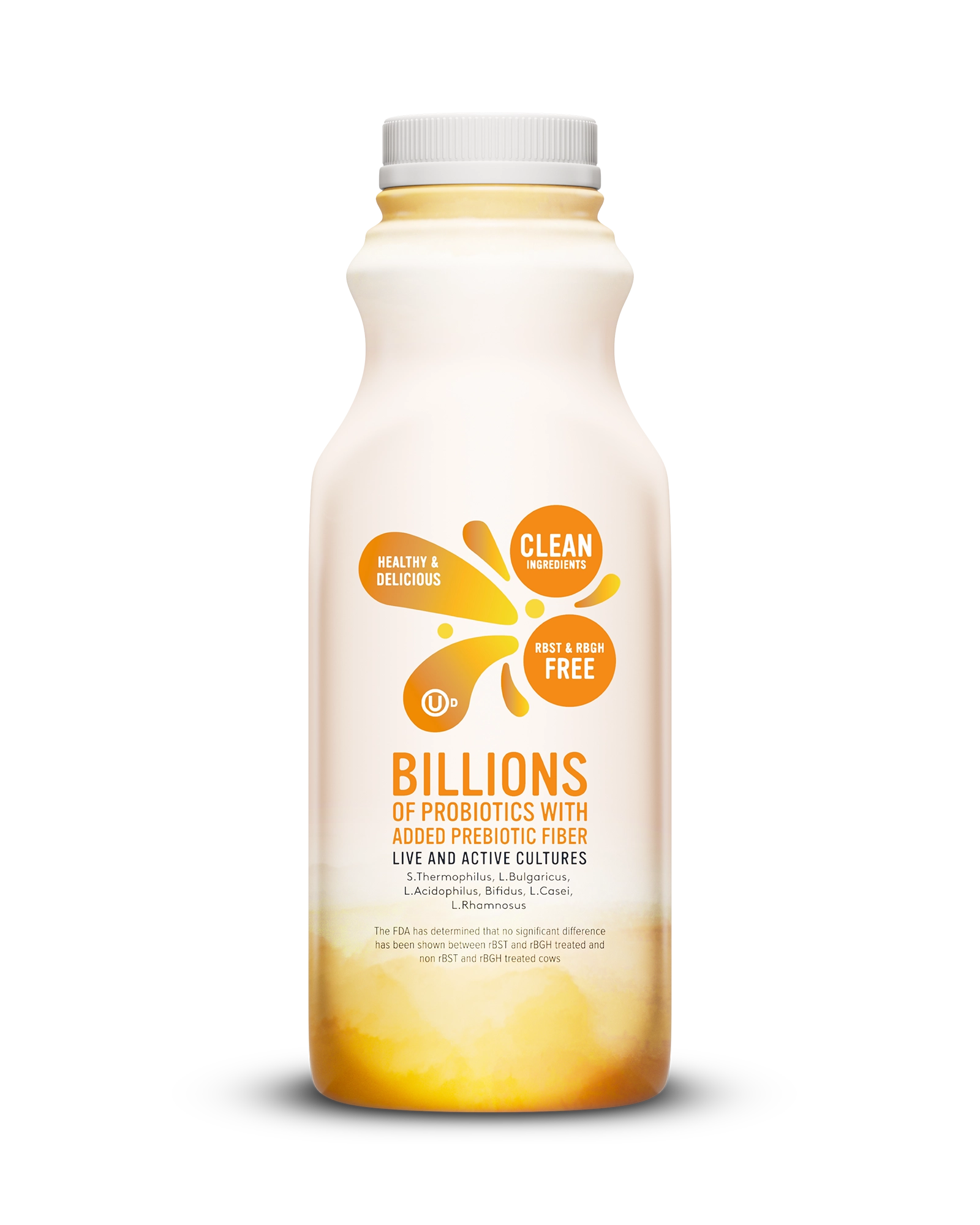 Side view of Pillars Mango Drinkable Yogurt bottle, label showing live and active cultures claim