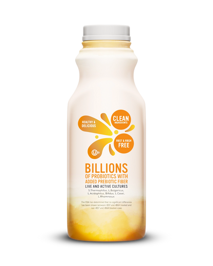 Side view of Pillars Mango Drinkable Yogurt bottle, label showing live and active cultures claim