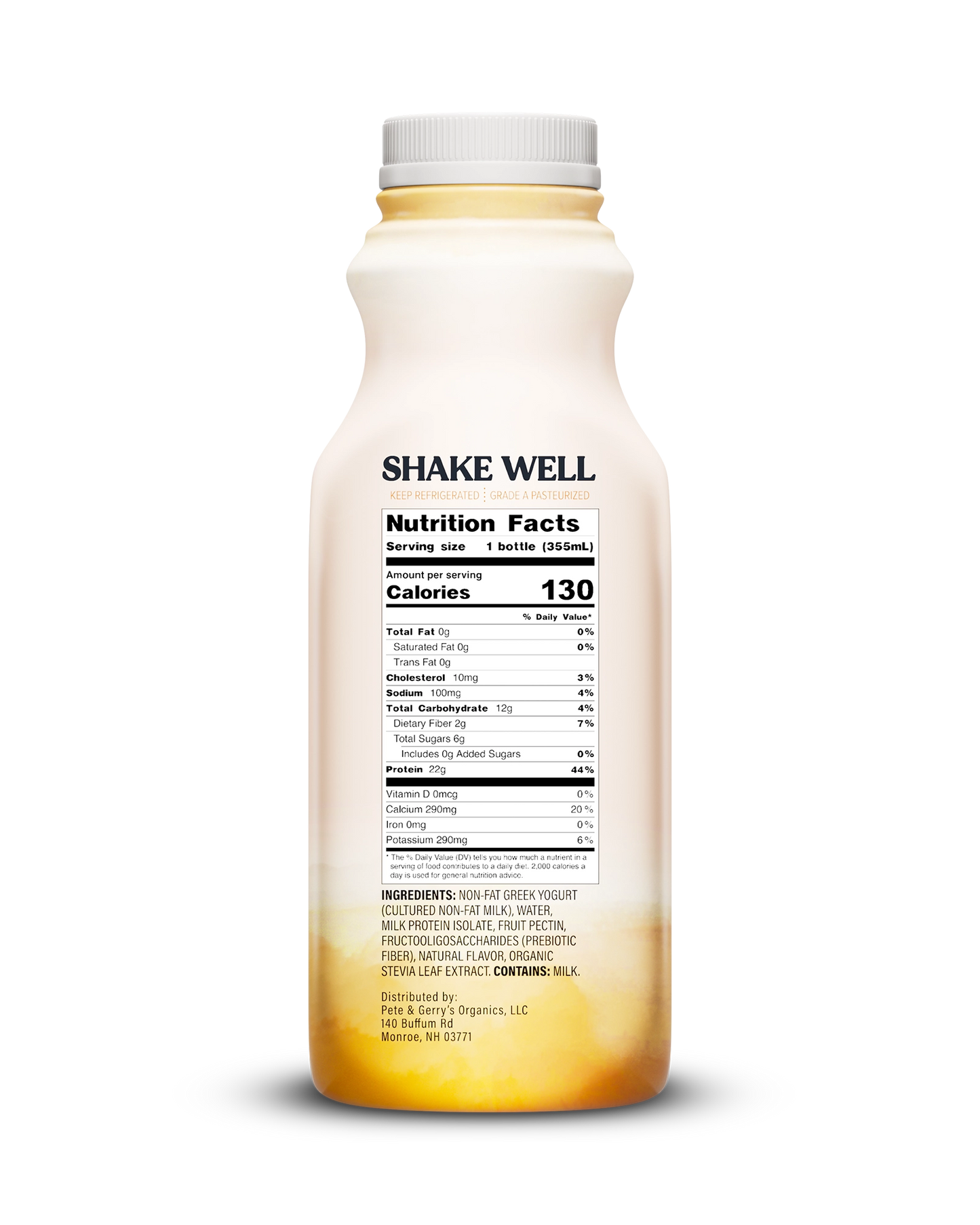 Side view of Pillars Mango Drinkable Yogurt bottle, label showing the Nutrition Facts panel