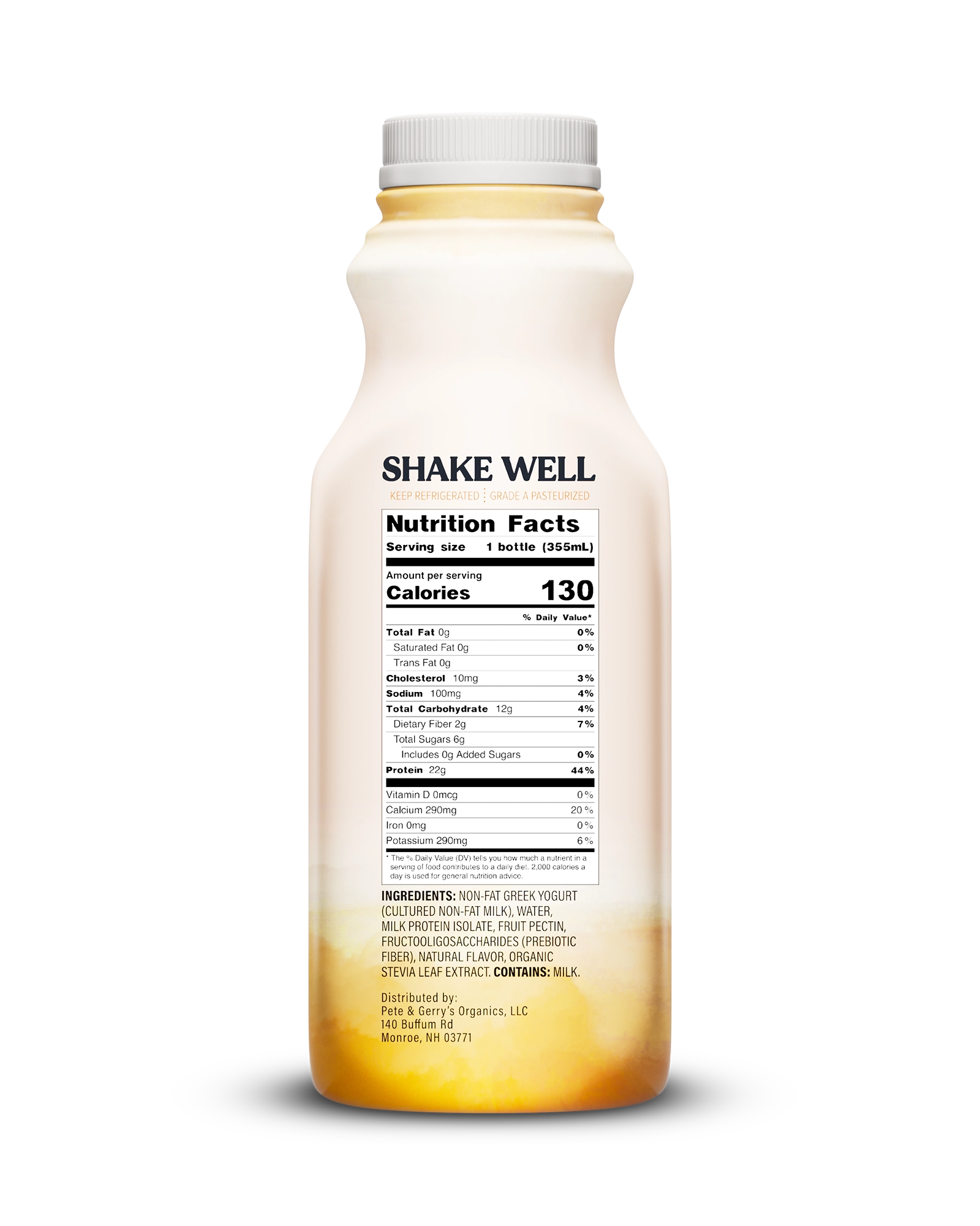 Side view of Pillars Mango Drinkable Yogurt bottle, label showing the Nutrition Facts panel