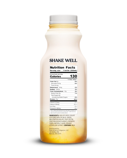 Side view of Pillars Mango Drinkable Yogurt bottle, label showing the Nutrition Facts panel