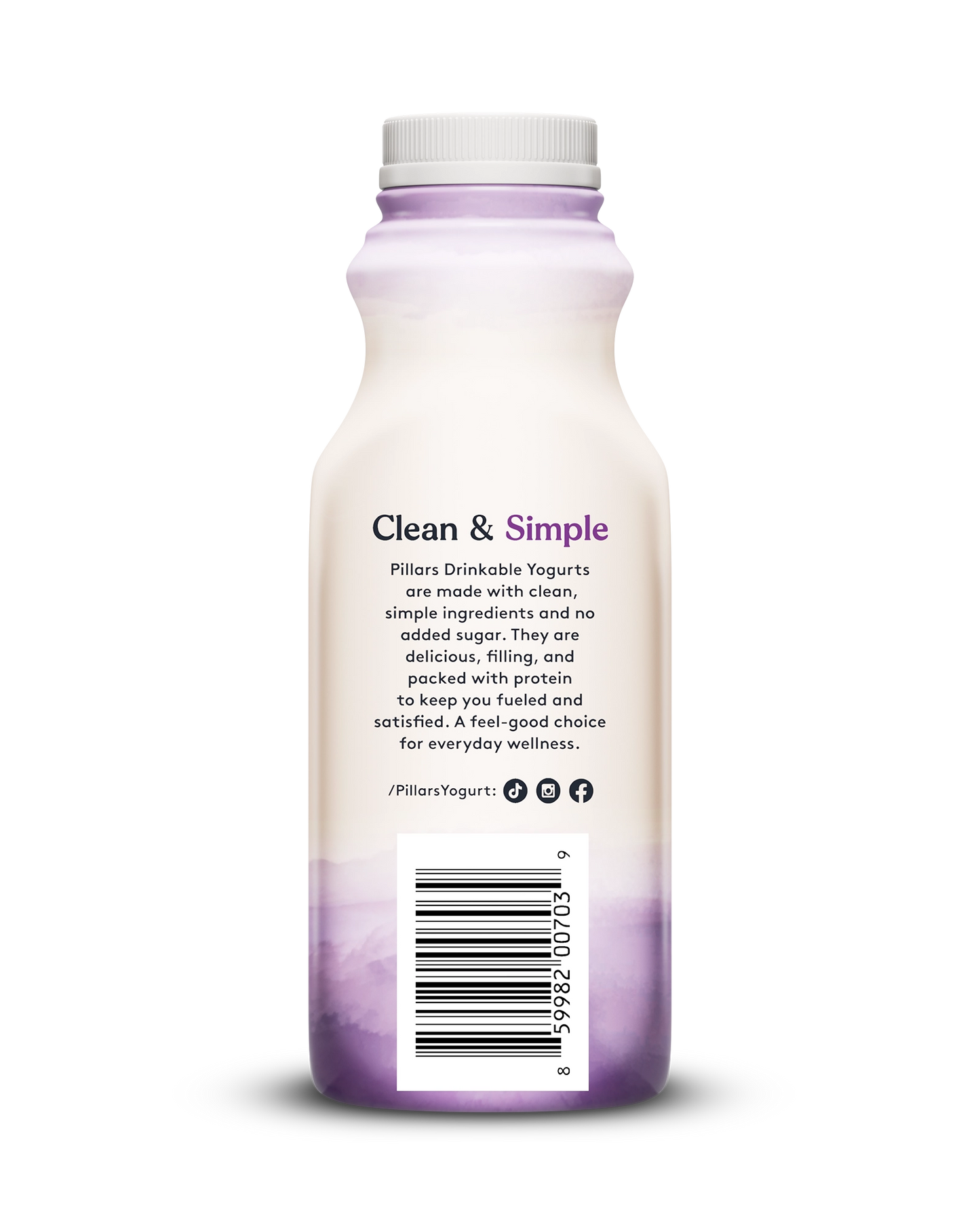 Back view of Pillars Mixed Berry Drinkable Yogurt bottle, label showing 'Clean and Simple' phrase and social media icons