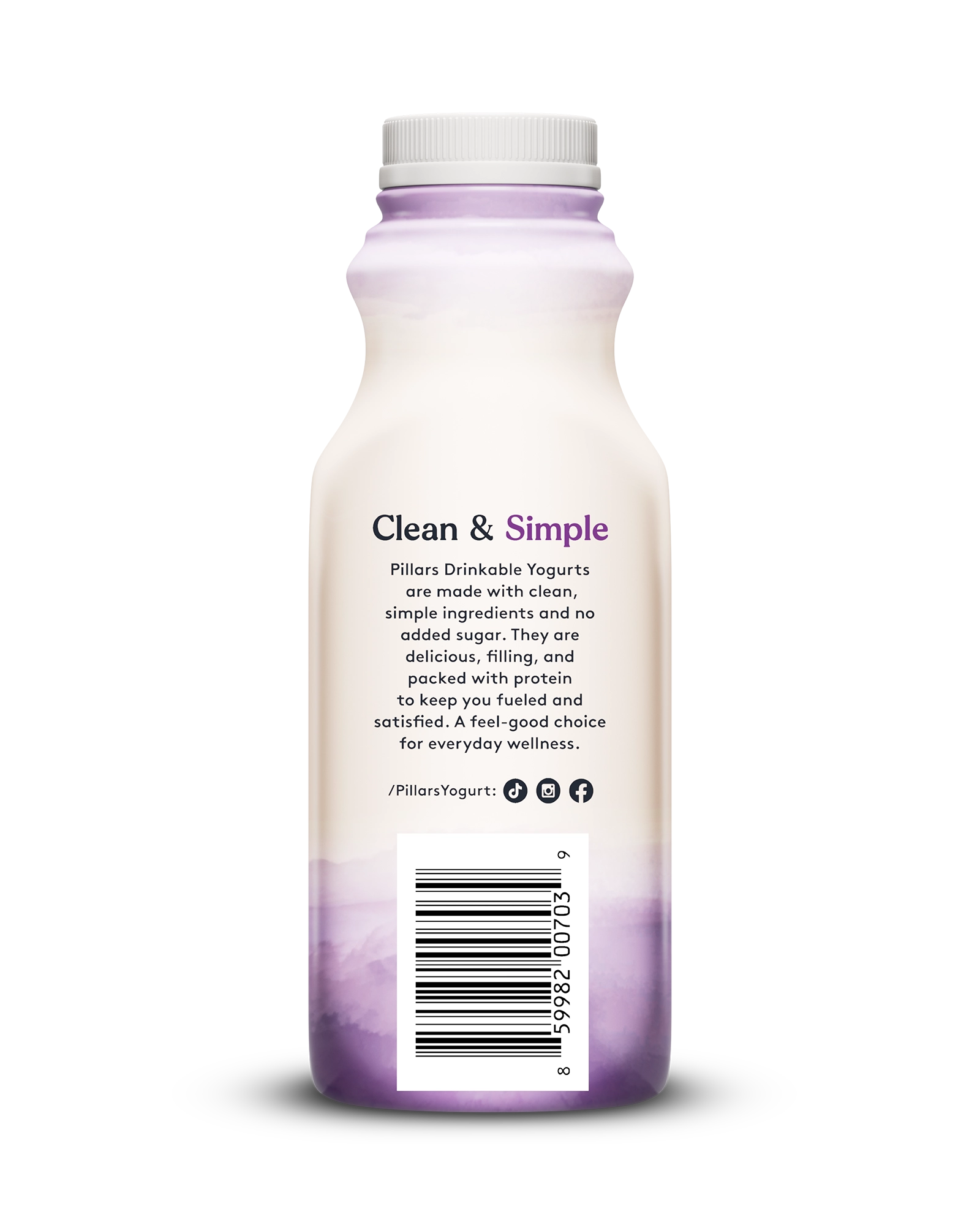 Back view of Pillars Mixed Berry Drinkable Yogurt bottle, label showing 'Clean and Simple' phrase and social media icons