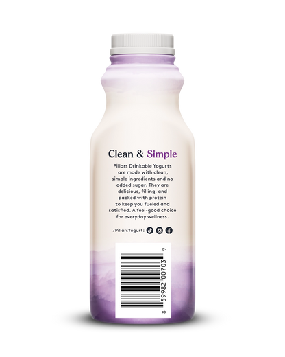 Back view of Pillars Mixed Berry Drinkable Yogurt bottle, label showing 'Clean and Simple' phrase and social media icons