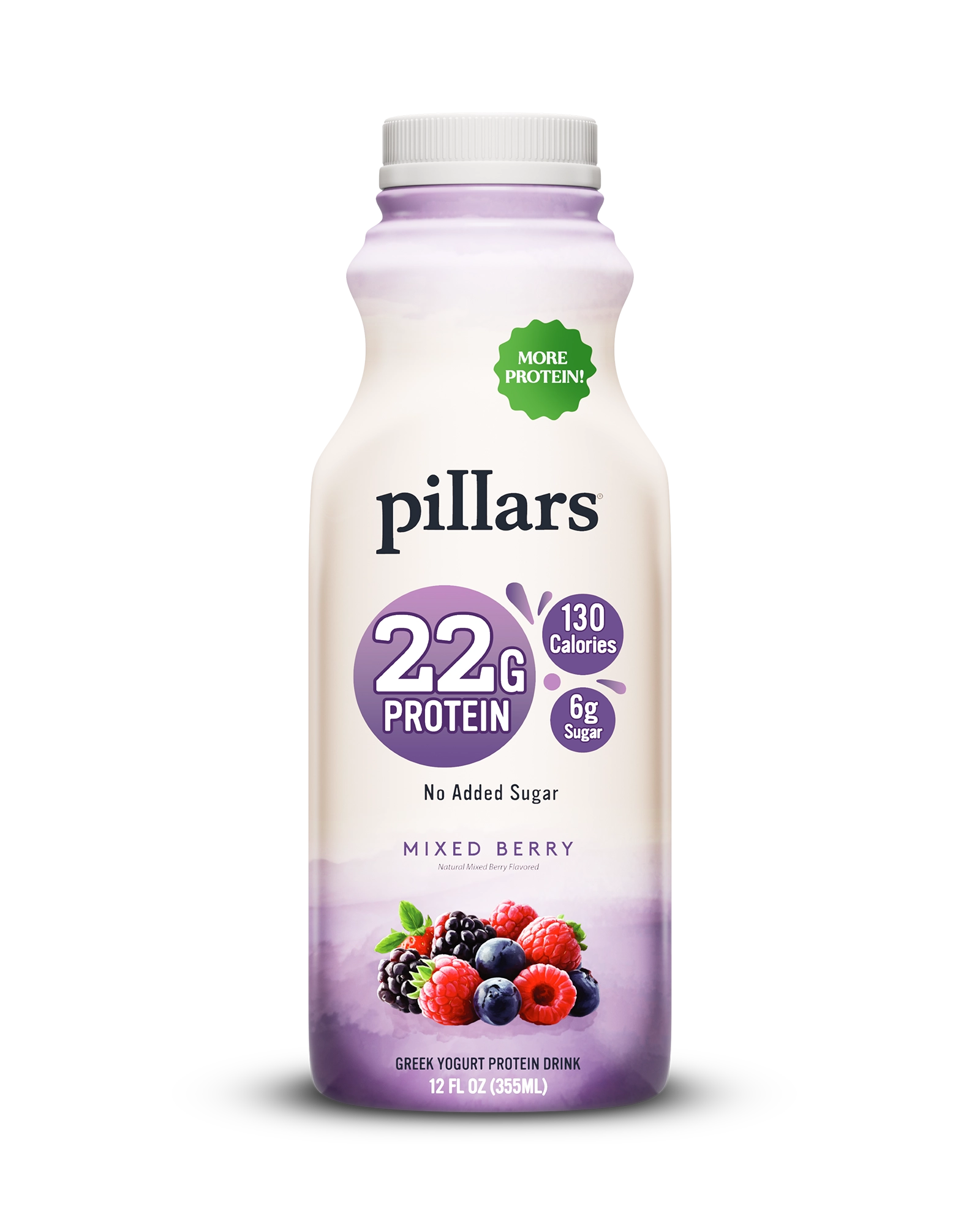Front view of Pillars Mixed Berry Drinkable Yogurt 12 oz bottle, label showing 22g of protein and 130 calories claims