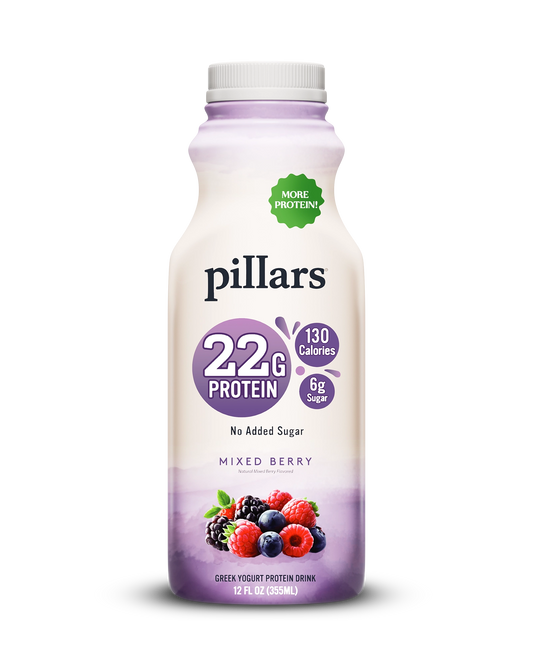 Front view of Pillars Mixed Berry Drinkable Yogurt 12 oz bottle, label showing 22g of protein and 130 calories claims