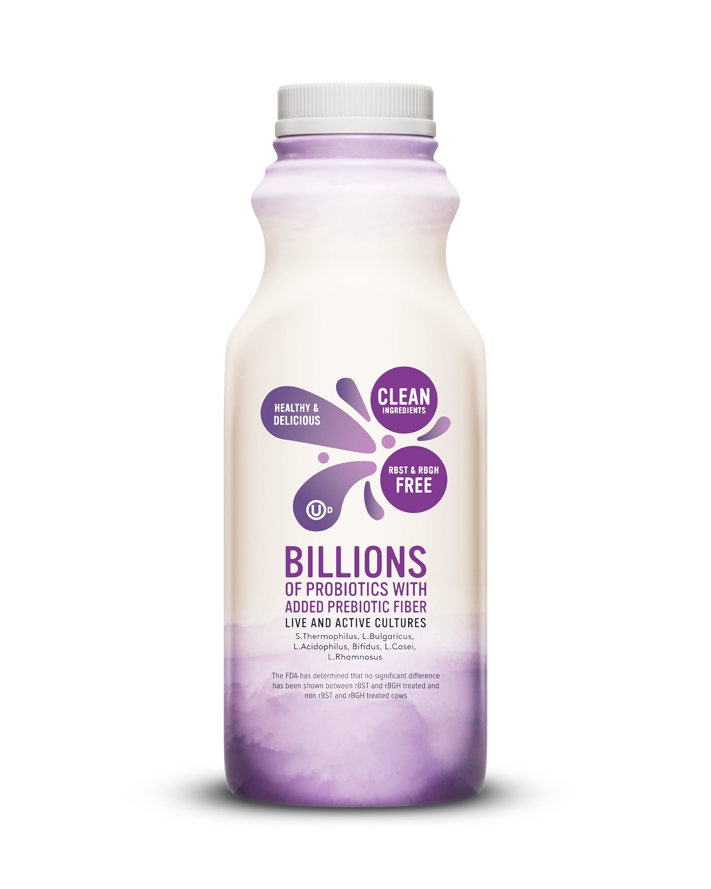 Side view of Pillars Mixed Berry Drinkable Yogurt bottle, label showing live and active cultures claim