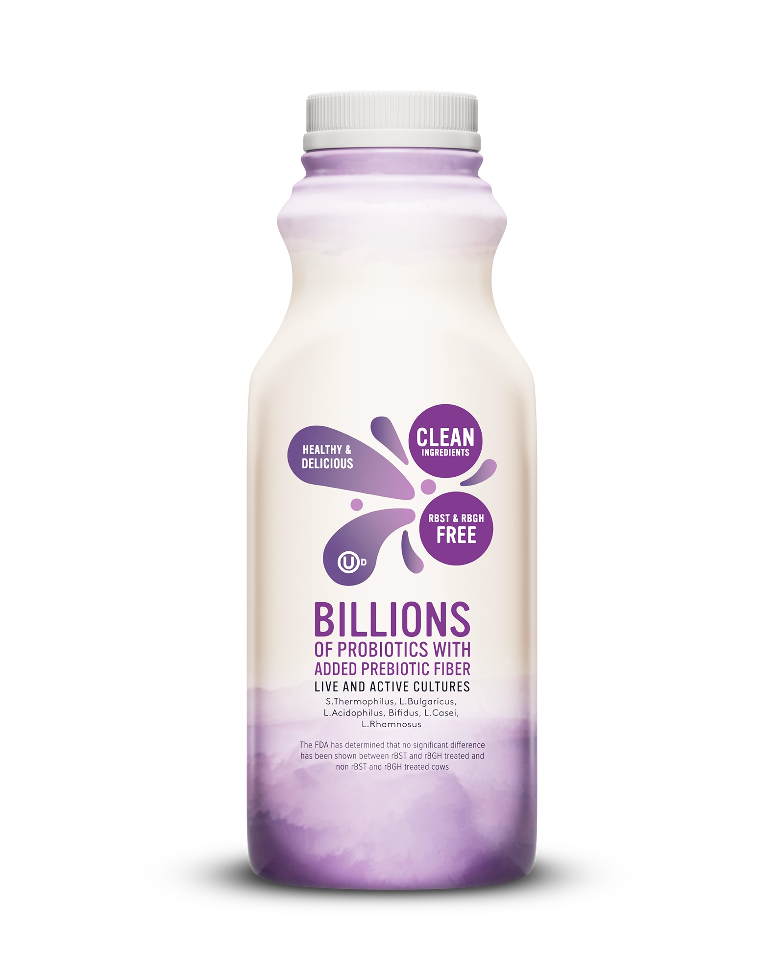 Side view of Pillars Mixed Berry Drinkable Yogurt bottle, label showing live and active cultures claim