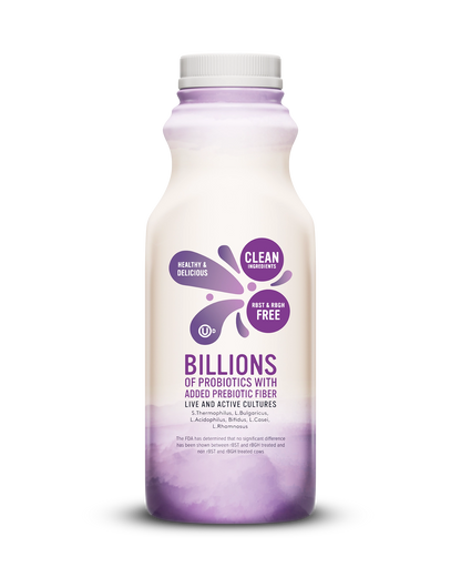 Side view of Pillars Mixed Berry Drinkable Yogurt bottle, label showing live and active cultures claim