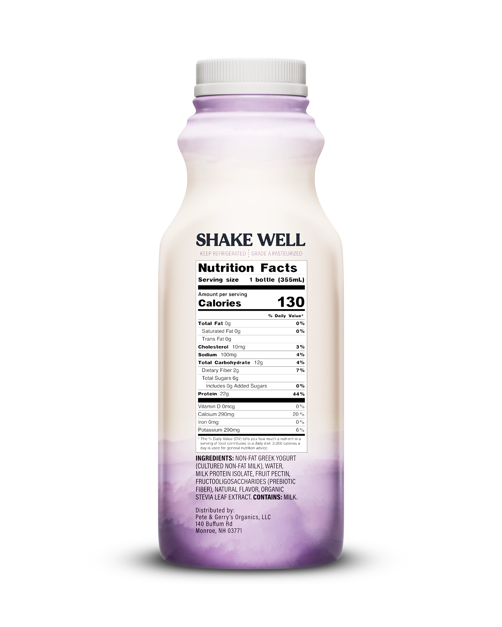 Side view of Pillars Mixed Berry Drinkable Yogurt bottle, label showing the Nutrition Facts panel