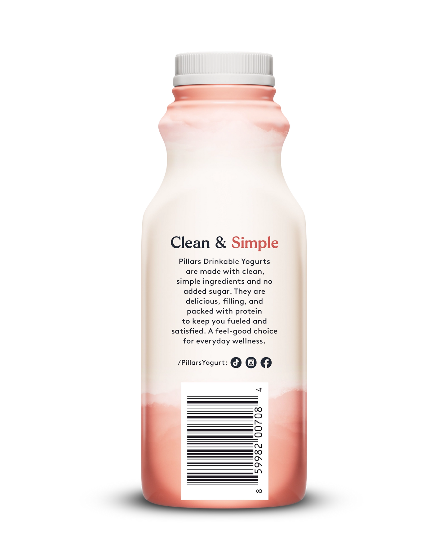 Back view of Pillars Peach Drinkable Yogurt bottle, label showing 'Clean and Simple' phrase and social media icons