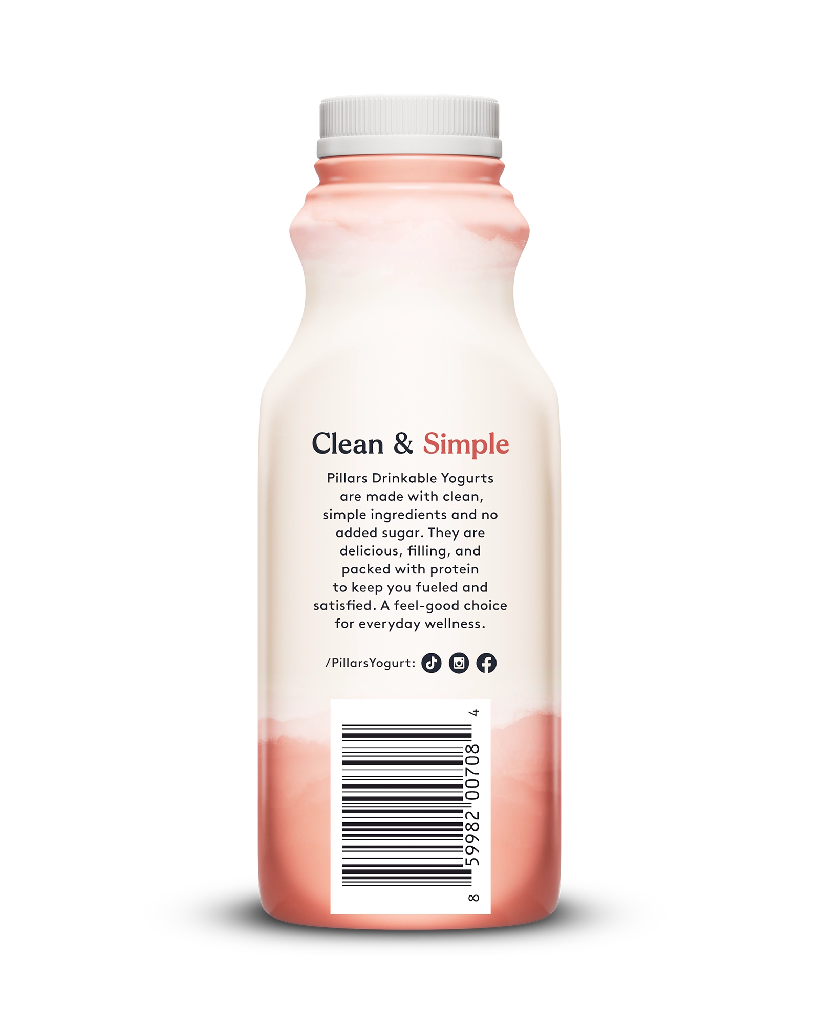 Back view of Pillars Peach Drinkable Yogurt bottle, label showing 'Clean and Simple' phrase and social media icons