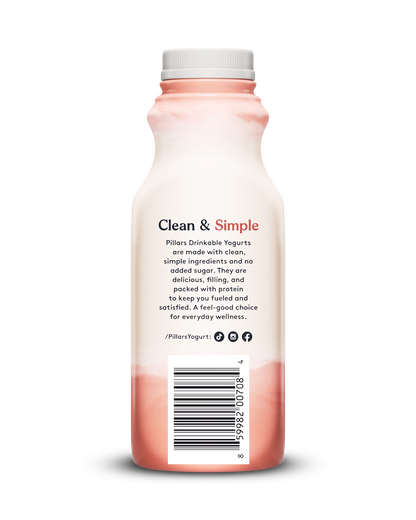 Back view of Pillars Peach Drinkable Yogurt bottle, label showing 'Clean and Simple' phrase and social media icons