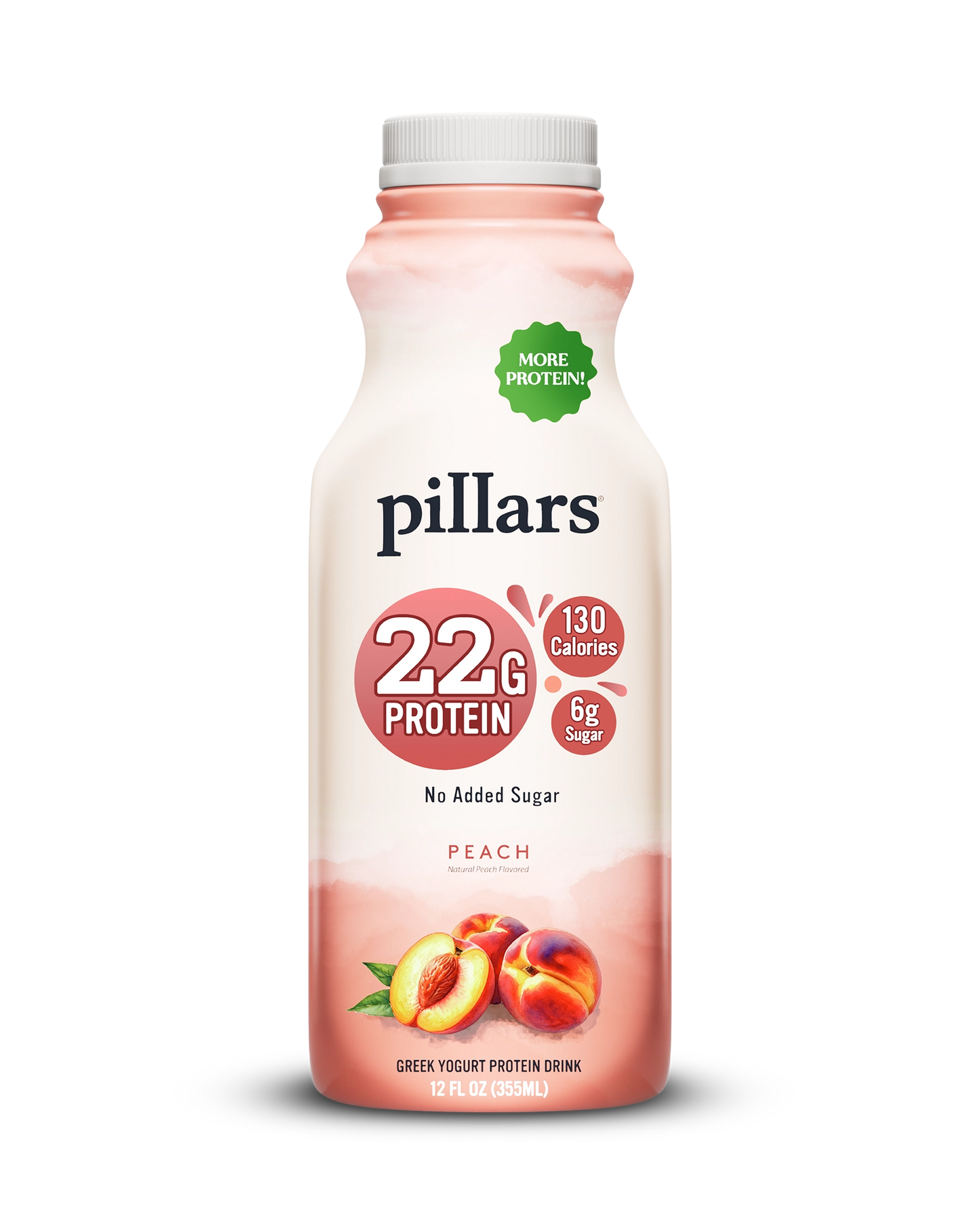 Front view of Pillars Peach Drinkable Yogurt 12 oz bottle, label showing 22g of protein and 130 calories claims