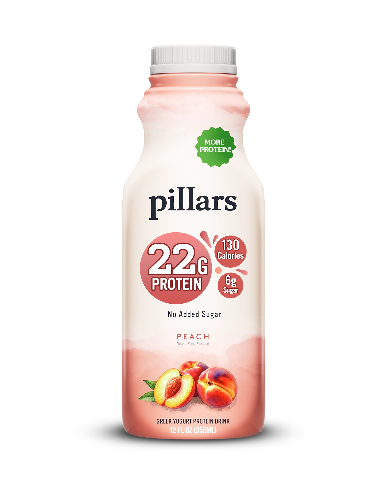 Front view of Pillars Peach Drinkable Yogurt 12 oz bottle, label showing 22g of protein and 130 calories claims