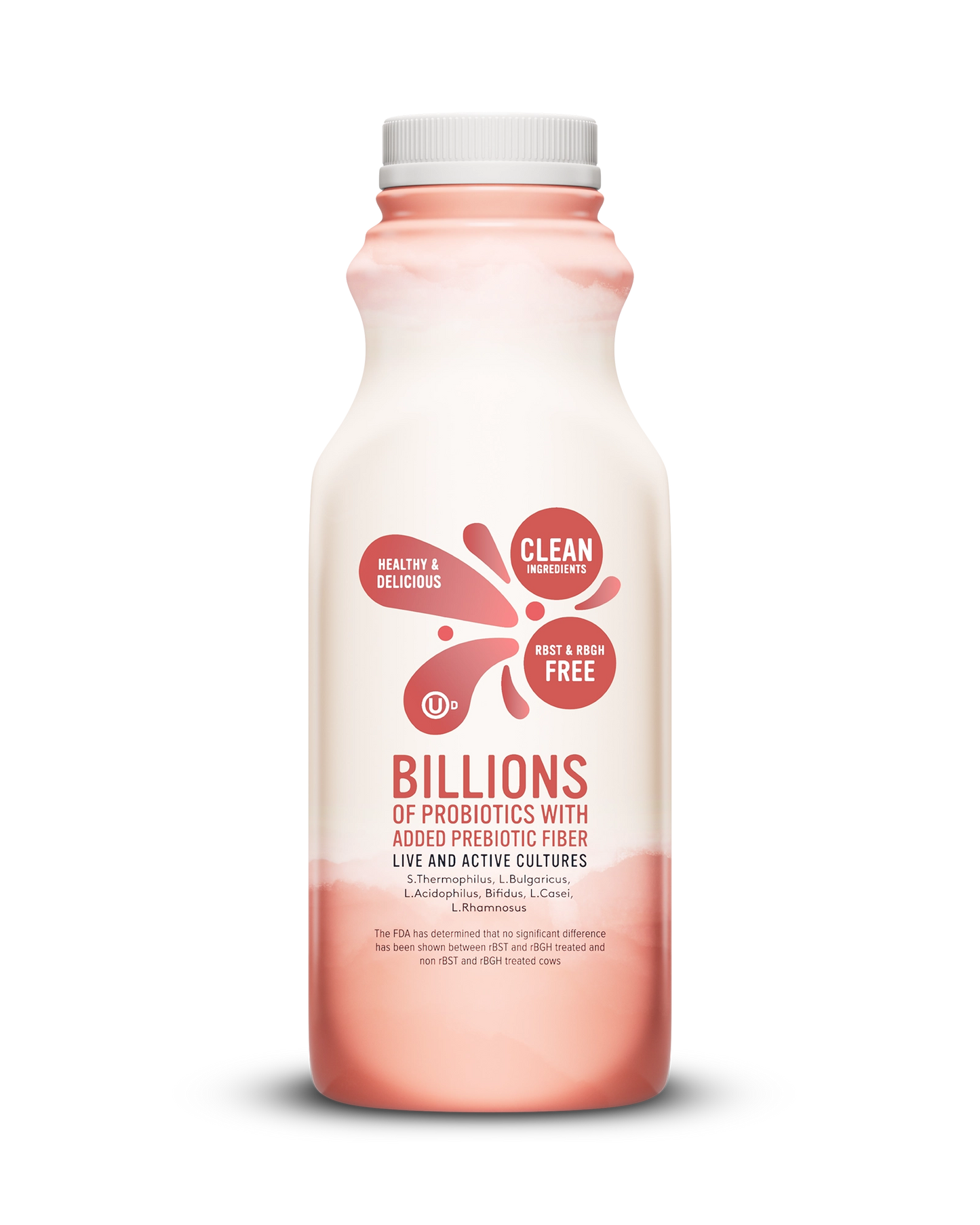 Side view of Pillars Strawberry Banana Drinkable Yogurt bottle, label showing live and active cultures claim