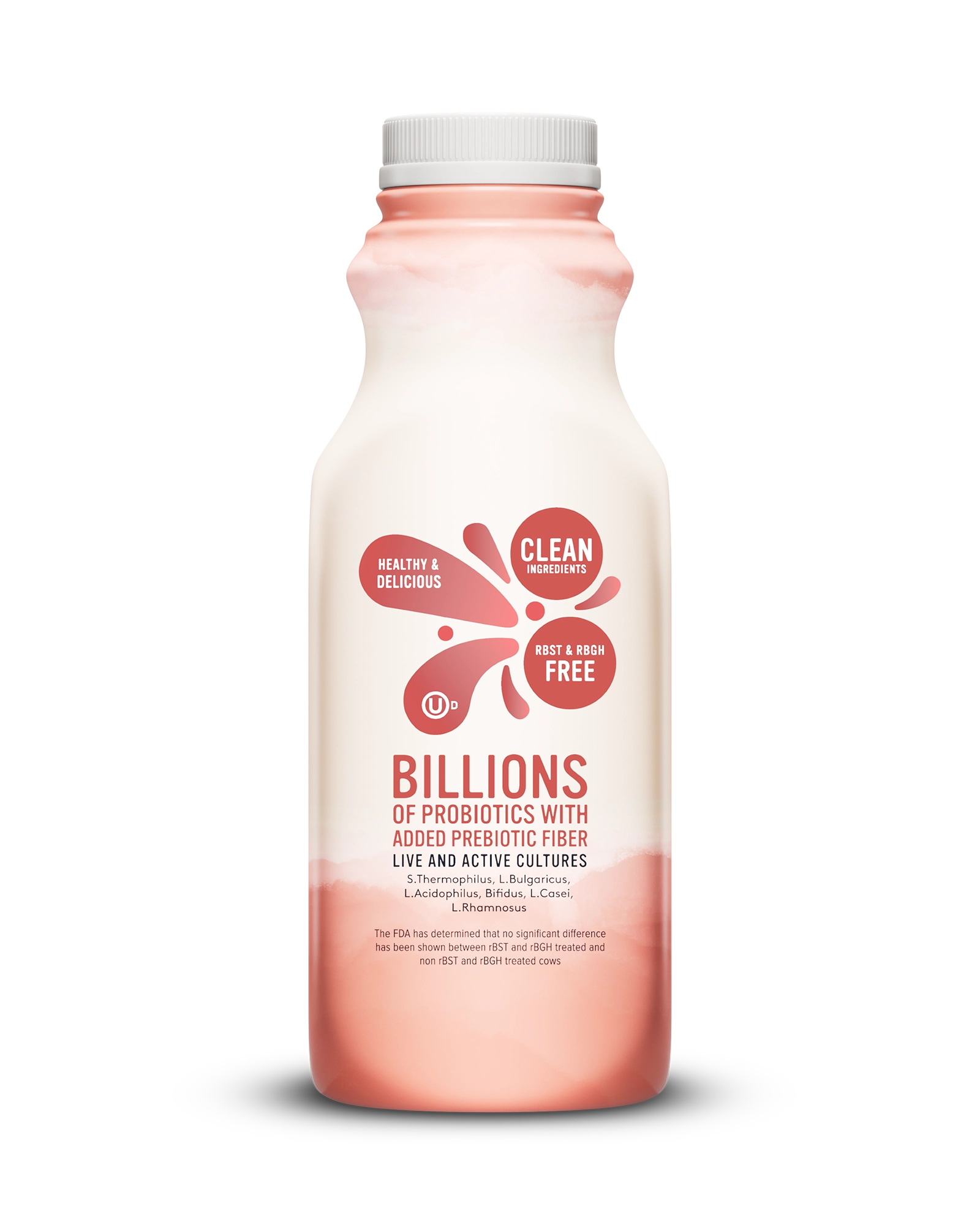 Side view of Pillars Strawberry Banana Drinkable Yogurt bottle, label showing live and active cultures claim