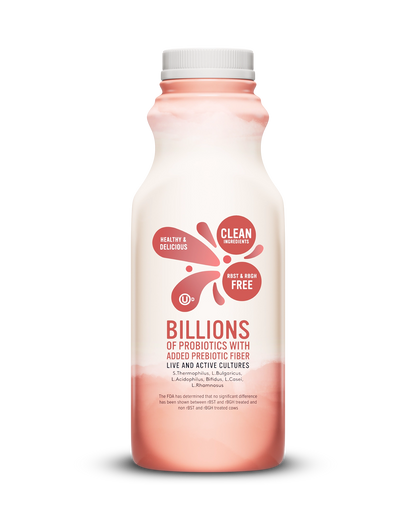 Side view of Pillars Strawberry Banana Drinkable Yogurt bottle, label showing live and active cultures claim