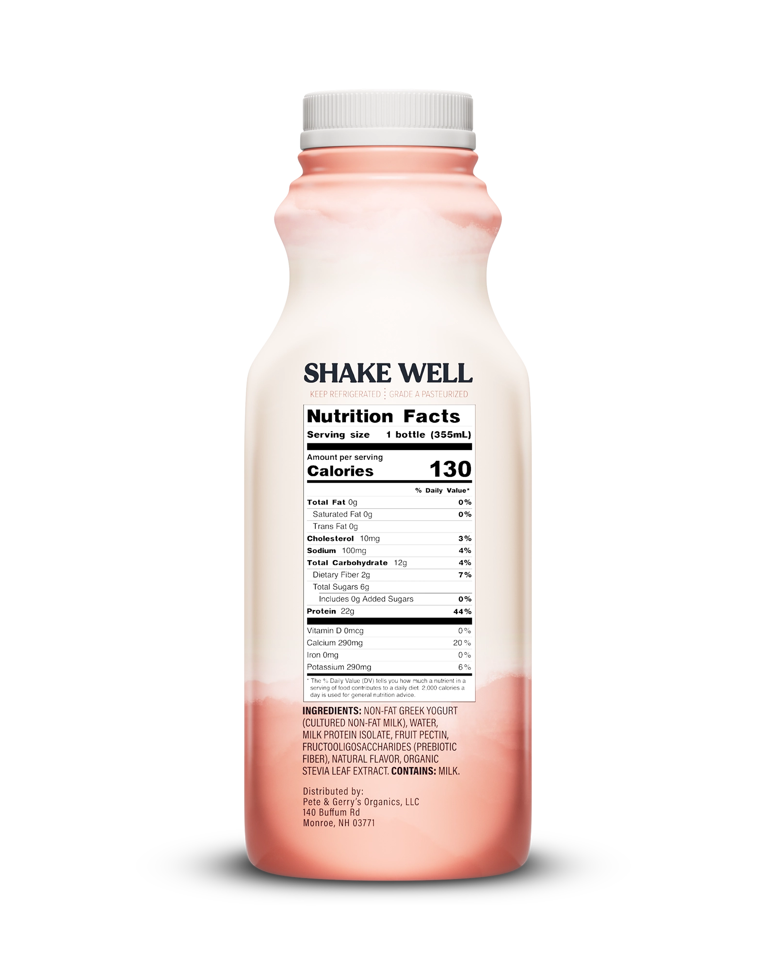 Side view of Pillars Peach Drinkable Yogurt bottle, label showing the Nutrition Facts panel