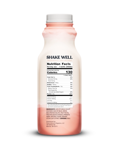 Side view of Pillars Peach Drinkable Yogurt bottle, label showing the Nutrition Facts panel