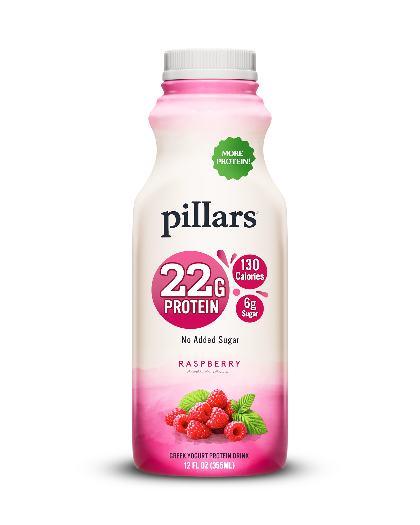 Front of Pillars Drinkable Yogurt 12 oz Raspberry flavor with 22g of protein and no added sugar