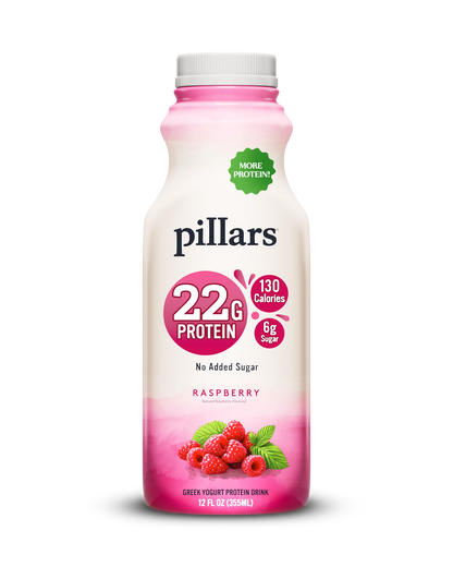 Front of Pillars Drinkable Yogurt 12 oz Raspberry flavor with 22g of protein and no added sugar