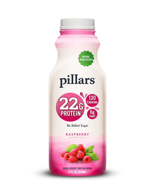 Front of Pillars Drinkable Yogurt 12 oz Raspberry flavor with 22g of protein and no added sugar