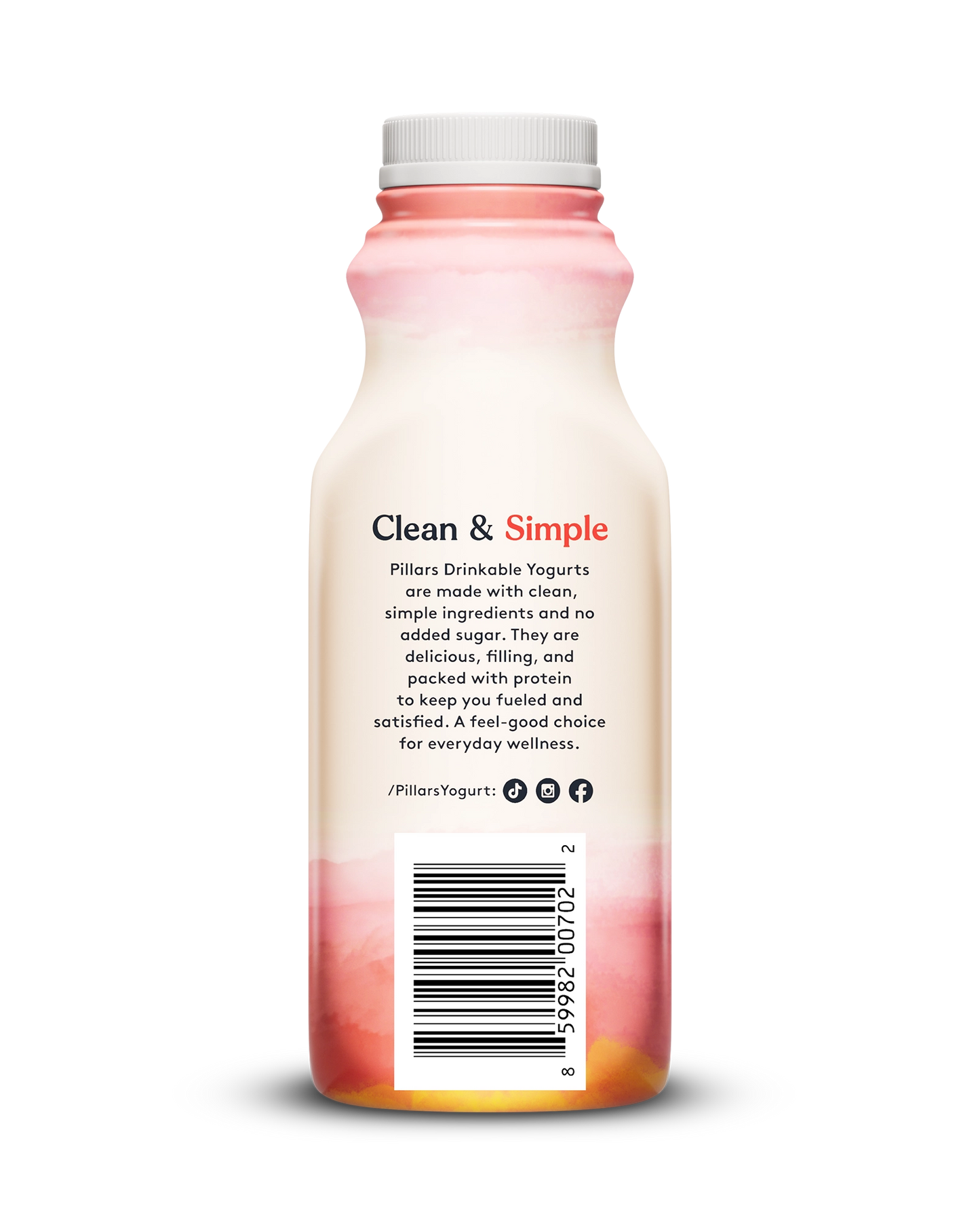 Back view of Pillars Strawberry Banana Drinkable Yogurt bottle, label showing 'Clean and Simple' phrase and social media icons