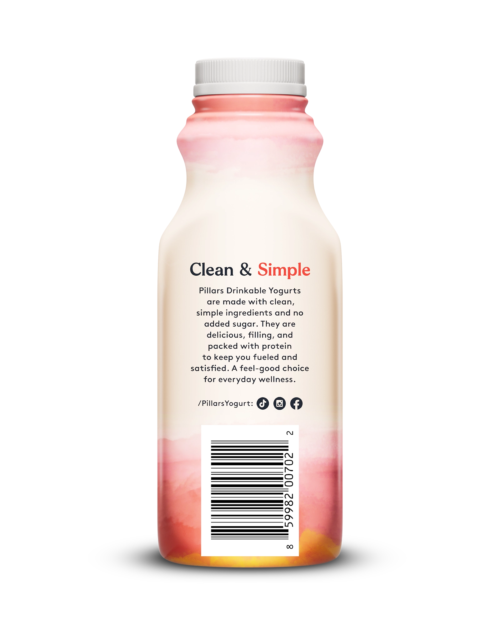 Back view of Pillars Strawberry Banana Drinkable Yogurt bottle, label showing 'Clean and Simple' phrase and social media icons