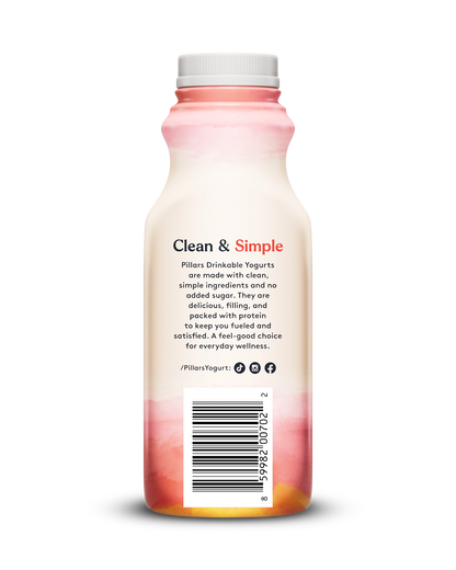 Back view of Pillars Strawberry Banana Drinkable Yogurt bottle, label showing 'Clean and Simple' phrase and social media icons